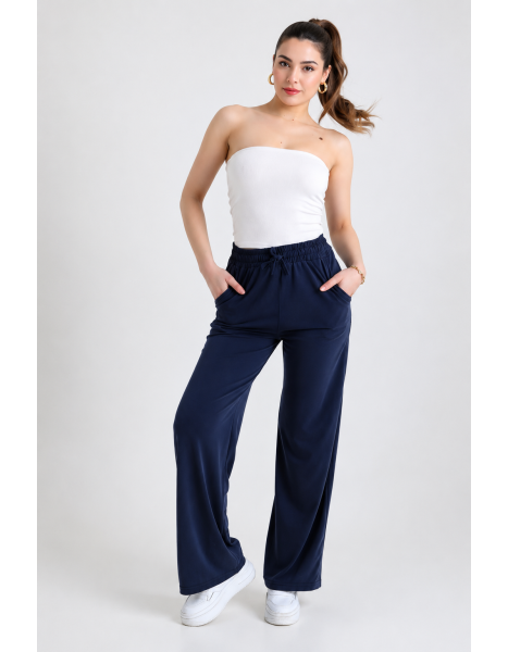 Kadın Lacivert Bol Paça Spor Pantolon - Beli Lastikli ve İpli Geniş Paça Rahat Pantolon Kadın Lacivert Bol Paça Spor Pantolon - Beli Lastikli ve İpli Geniş Paça Rahat Pantolon