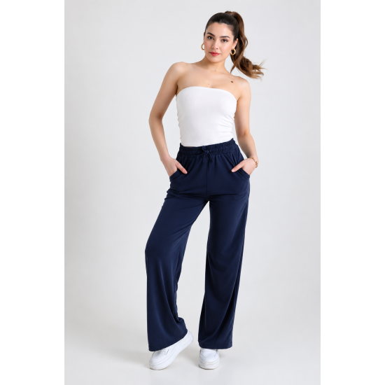 Kadın Lacivert Bol Paça Spor Pantolon - Beli Lastikli ve İpli Geniş Paça Rahat Pantolon Kadın Lacivert Bol Paça Spor Pantolon - Beli Lastikli ve İpli Geniş Paça Rahat Pantolon