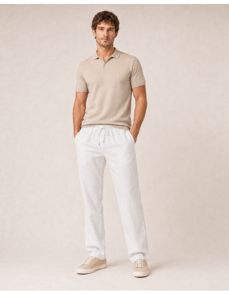 Relaxed Fit Bağcıklı Keten Pantolon - Beyaz