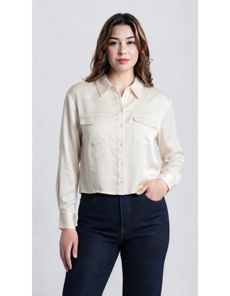 Saten Görünümlü Western Detaylı Gömlek - Açık Kahve (Krem) Tonu