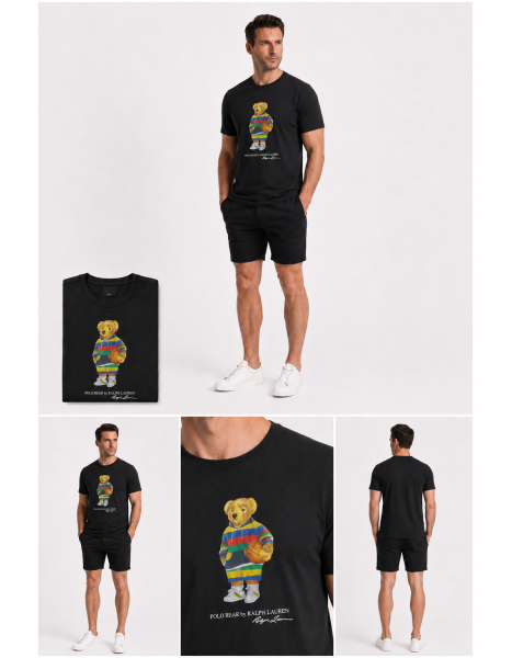 Erkek Siyah Polo Bear Baskılı Bisiklet Yaka Tişört Erkek Siyah Polo Bear Baskılı Bisiklet Yaka Tişört