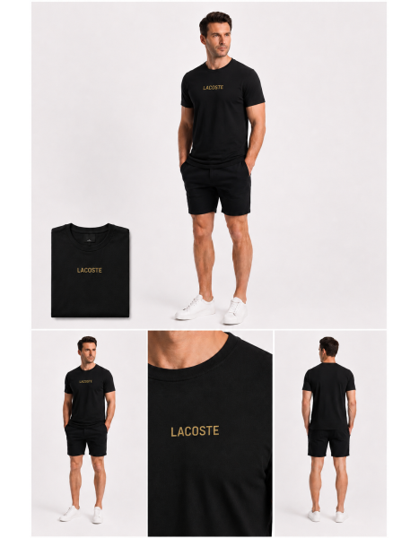 Erkek Lacivert İnce Çizgili Lacoste Bisiklet Yaka Tişört