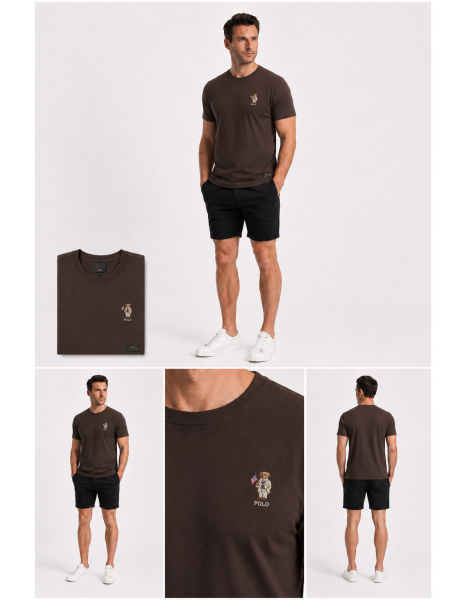 Erkek Kahverengi Polo Bear Logolu Bisiklet Yaka Tişört