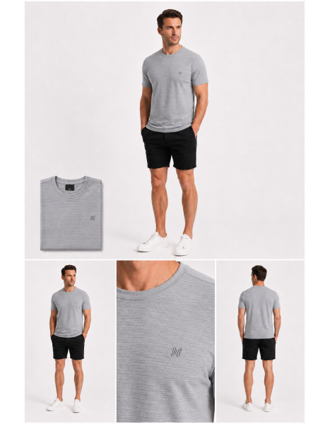 Erkek Gri Çizgi Dokulu Bisiklet Yaka T-Shirt Erkek Gri Çizgi Dokulu Bisiklet Yaka T-Shirt