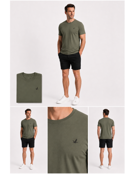 CLUB Erkek Haki Nakış Logolu Bisiklet Yaka T-Shirt CLUB Erkek Haki Nakış Logolu Bisiklet Yaka T-Shirt