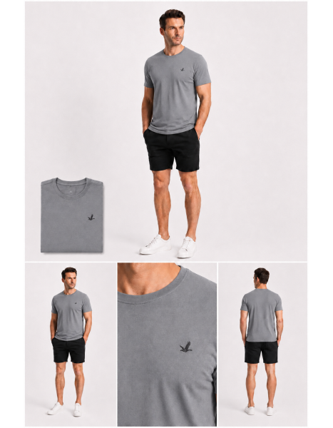CLUB Erkek Gri Nakış Logolu Bisiklet Yaka T-Shirt CLUB Erkek Gri Nakış Logolu Bisiklet Yaka T-Shirt