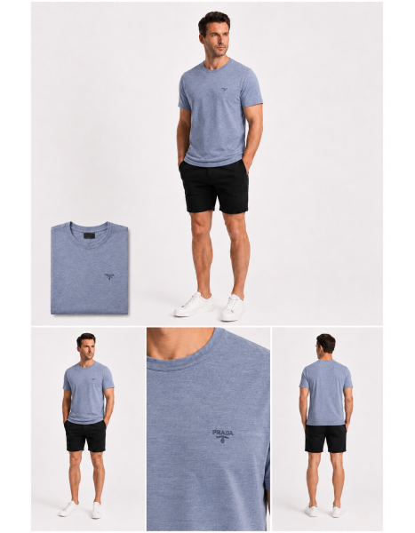 Prada Unisex İndigo Mikro Dokulu Üçgen Logo Armalı Oversize Tişört Prada Unisex İndigo Mikro Dokulu Üçgen Logo Armalı Oversize Tişört