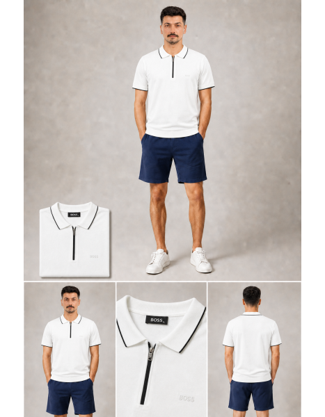 BOSS Siyah Çizgili Fermuar Yaka Beyaz Polo Yaka T-Shirt BOSS Siyah Çizgili Fermuar Yaka Beyaz Polo Yaka T-Shirt