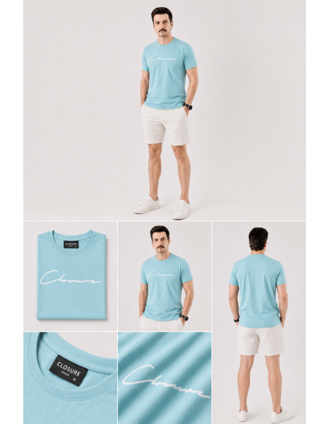 Closure London Imzalı Su Yeşili / Açık Mavi Erkek T-Shirt Closure London Imzalı Su Yeşili / Açık Mavi Erkek T-Shirt