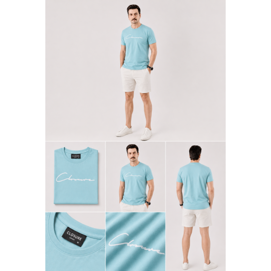 Closure London Imzalı Su Yeşili / Açık Mavi Erkek T-Shirt
