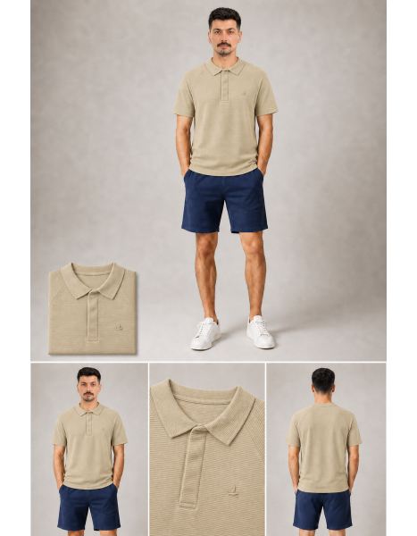 Club Çizgisel Dokulu Raglan Kol Bej Polo Yaka T-Shirt Club Çizgisel Dokulu Raglan Kol Bej Polo Yaka T-Shirt
