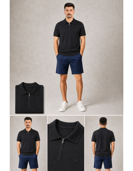 Club Fermuarlı Yaka Triko Örme Siyah Polo Yaka T-Shirt Club Fermuarlı Yaka Triko Örme Siyah Polo Yaka T-Shirt
