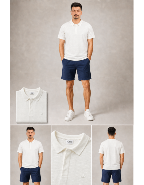 Club Juell Çizgisel Dokulu Ekru / Beyaz Polo Yaka T-Shirt Club Juell Çizgisel Dokulu Ekru / Beyaz Polo Yaka T-Shirt