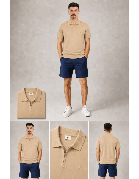 Club Juell Fermuarlı Yaka Triko Bej / Bej-Bej Polo Yaka T-Shirt