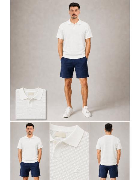 Clup Kendinden Dokulu Triko Örme Ekru Polo Yaka T-Shirt Clup Kendinden Dokulu Triko Örme Ekru Polo Yaka T-Shirt