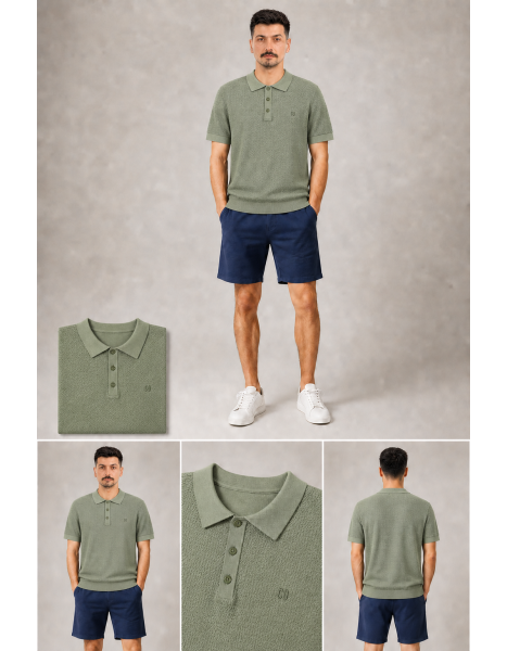 Dokulu Triko Örme Adaçayı Yeşili / Haki Polo Yaka T-Shirt Dokulu Triko Örme Adaçayı Yeşili / Haki Polo Yaka T-Shirt
