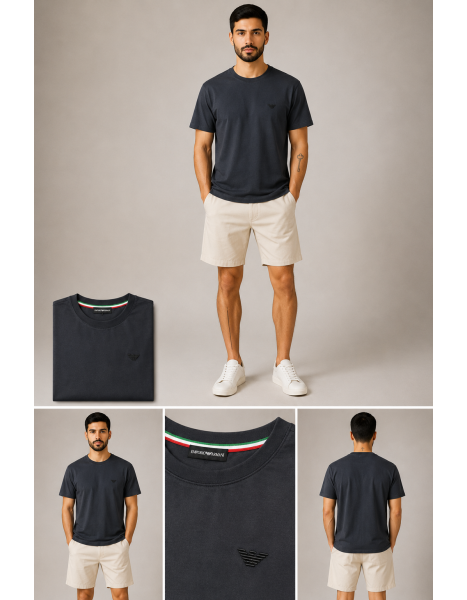 Emporio Armani İtalyan Şerit Detaylı Bisiklet Yaka Antrasit T-Shirt
