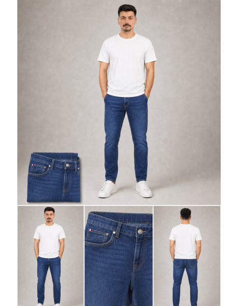 Erkek Koyu Indigo Mavi Fransız Bayrak Şerit Detaylı Slim Fit Jean Erkek Koyu Indigo Mavi Fransız Bayrak Şerit Detaylı Slim Fit Jean