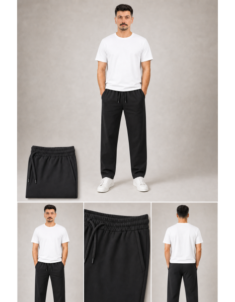 Erkek Siyah Beli Bağcıklı Relaxed / Oversize Eşofman Pantolon