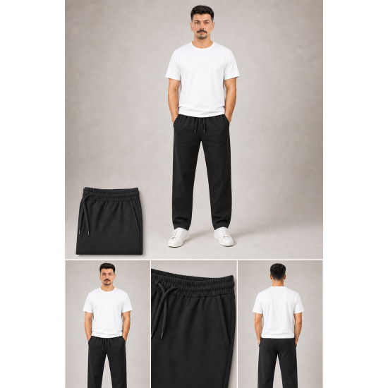 Erkek Siyah Beli Bağcıklı Relaxed / Oversize Eşofman Pantolon Erkek Siyah Beli Bağcıklı Relaxed / Oversize Eşofman Pantolon