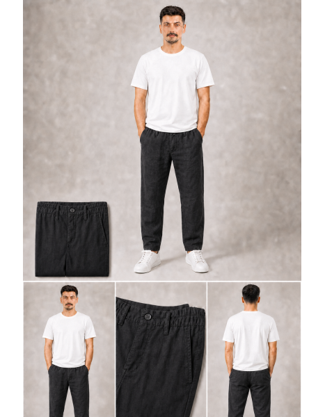 Erkek Siyah Beli Yanlardan Lastikli Keten Blend Relaxed Pantolon