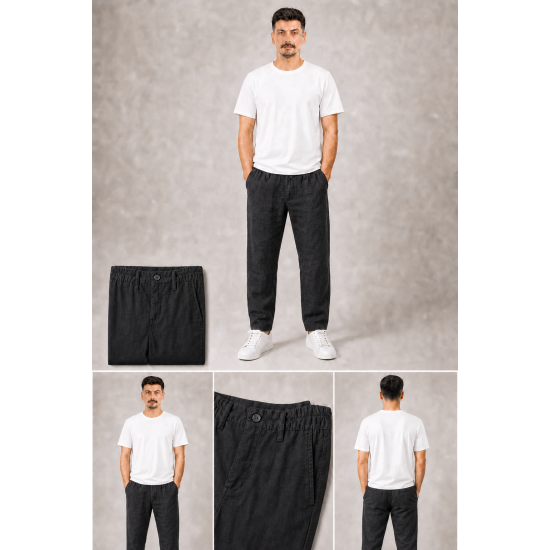 Erkek Siyah Beli Yanlardan Lastikli Keten Blend Relaxed Pantolon Erkek Siyah Beli Yanlardan Lastikli Keten Blend Relaxed Pantolon