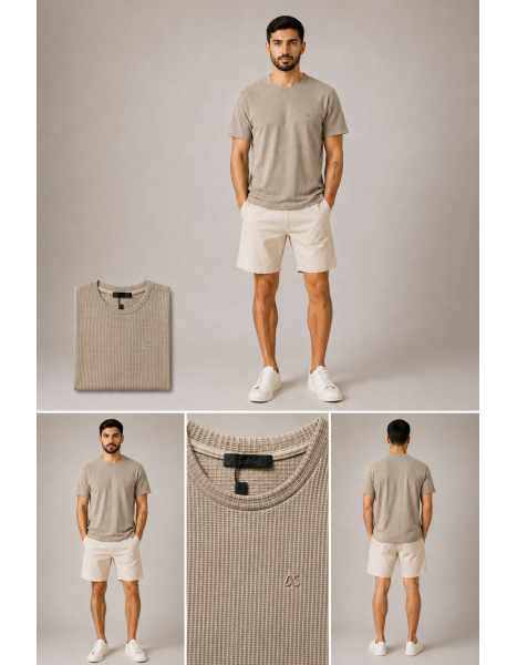 Erkek Vizon / Açık Kahve Waffle Dokulu Bisiklet Yaka T-Shirt Erkek Vizon / Açık Kahve Waffle Dokulu Bisiklet Yaka T-Shirt