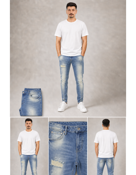 Erkek Yırtık ve Boya Detaylı Açık Mavi Jean Pantolon Erkek Yırtık ve Boya Detaylı Açık Mavi Jean Pantolon