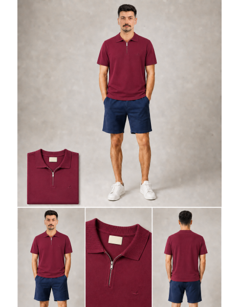 Fermuarlı Yaka Minimal Logolu Bordo Polo Yaka T-Shirt Fermuarlı Yaka Minimal Logolu Bordo Polo Yaka T-Shirt