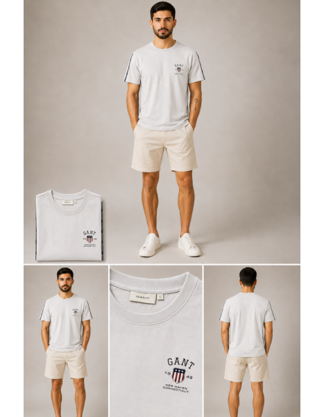 GANT Erkek Kırık Beyaz / Açık Gri Kolları Şeritli Nakış Logolu T-Shirt