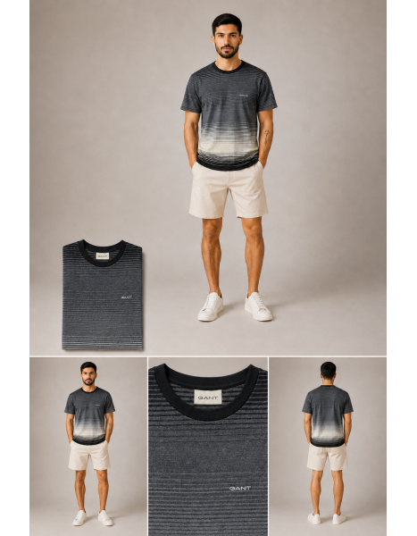 GANT Erkek Koyu Gri - Beyaz Renk Geçişli Çizgili T-Shirt