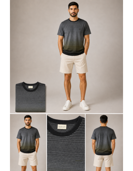 GANT Erkek Koyu Gri Renk Geçişli Çizgili T-Shirt GANT Erkek Koyu Gri Renk Geçişli Çizgili T-Shirt