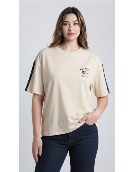 GANT Logolu & Şerit Detaylı Oversize Tişört - Bej GANT Logolu & Şerit Detaylı Oversize Tişört - Bej
