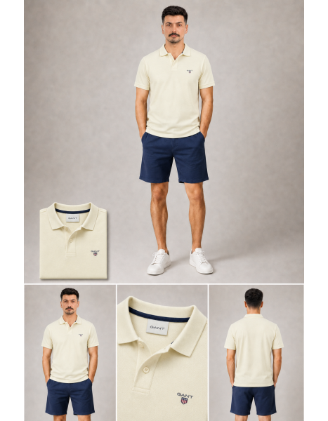 Gant Yaka İçi Lacivert Şeritli Krem Polo Yaka T-Shirt Gant Yaka İçi Lacivert Şeritli Krem Polo Yaka T-Shirt