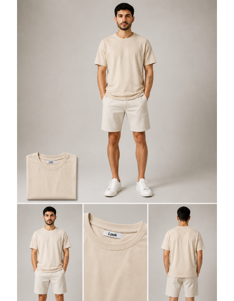 Look Men's Basic Solid Oversize Bisiklet Yaka Erkek Tişört – Bej Look Men's Basic Solid Oversize Bisiklet Yaka Erkek Tişört – Bej