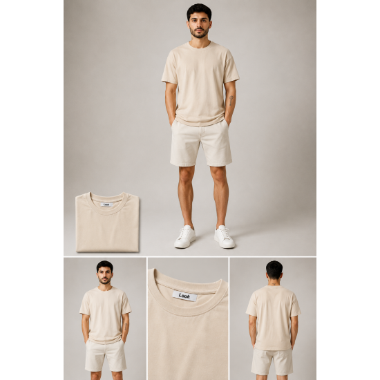Look Men's Basic Solid Oversize Bisiklet Yaka Erkek Tişört – Bej Look Men's Basic Solid Oversize Bisiklet Yaka Erkek Tişört – Bej