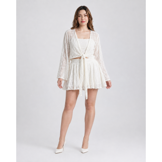 Kadın Ekru Dantelli Önden Bağlamalı Kimono Hırka & Şort / Etek İkili Takım Kadın Ekru Dantelli Önden Bağlamalı Kimono Hırka & Şort / Etek İkili Takım