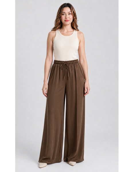 Kadın Kahverengi / Acı Kahve Yüksek Bel Beli Bağcıklı Dökümlü Geniş Paça Pantolon
