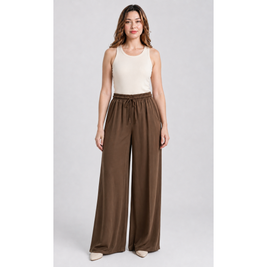 Kadın Kahverengi / Acı Kahve Yüksek Bel Beli Bağcıklı Dökümlü Geniş Paça Pantolon Kadın Kahverengi / Acı Kahve Yüksek Bel Beli Bağcıklı Dökümlü Geniş Paça Pantolon