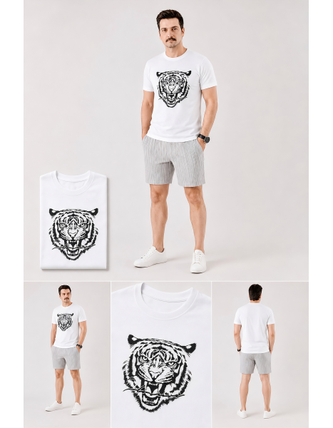 Kaplan Baskılı Beyaz Erkek T-Shirt Kaplan Baskılı Beyaz Erkek T-Shirt