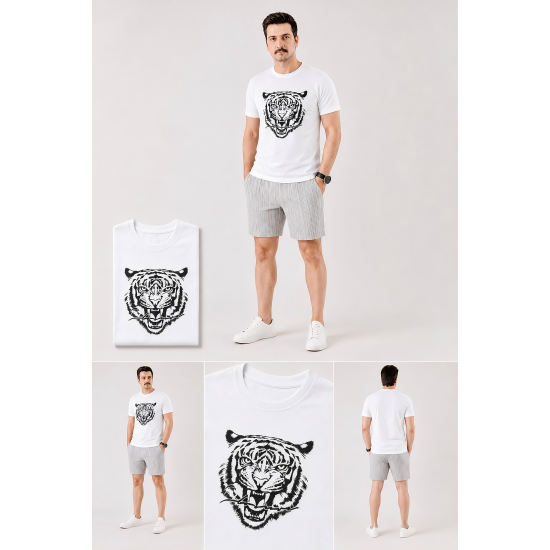 Kaplan Baskılı Beyaz Erkek T-Shirt