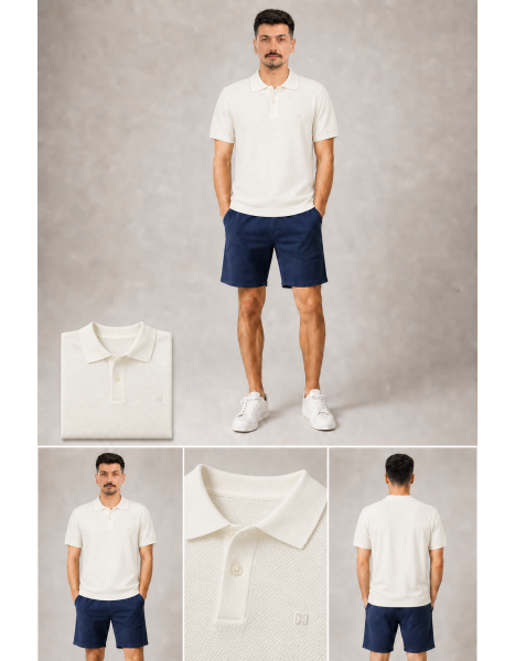 Kendinden Dokulu Triko Örme Krem / Ekru Polo Yaka T-Shirt Kendinden Dokulu Triko Örme Krem / Ekru Polo Yaka T-Shirt