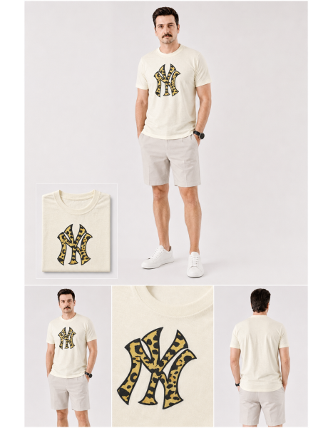 Leopar Desenli NY Baskılı Ekru Erkek T-Shirt Leopar Desenli NY Baskılı Ekru Erkek T-Shirt