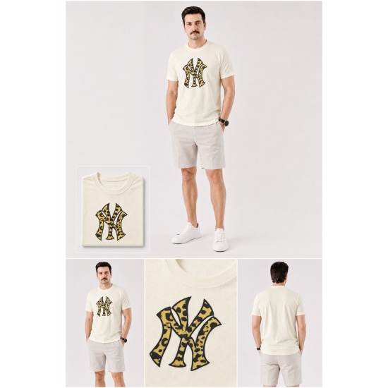 Leopar Desenli NY Baskılı Ekru Erkek T-Shirt Leopar Desenli NY Baskılı Ekru Erkek T-Shirt