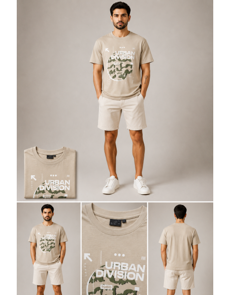 Men's Urban Division Camo Graphic Bisiklet Yaka Erkek Tişört – Bej Men's Urban Division Camo Graphic Bisiklet Yaka Erkek Tişört – Bej