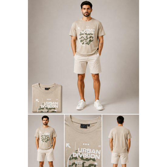 Men's Urban Division Camo Graphic Bisiklet Yaka Erkek Tişört – Bej Men's Urban Division Camo Graphic Bisiklet Yaka Erkek Tişört – Bej