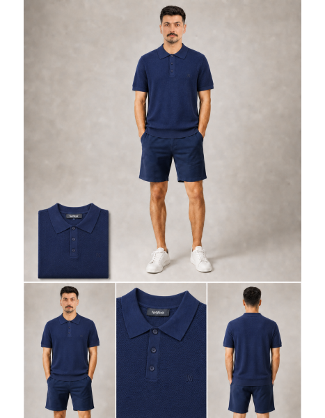 NetWork Kendinden Dokulu Triko Örme Lacivert Polo Yaka T-Shirt
