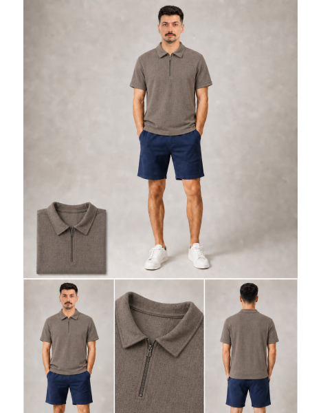 Pierre Cardin Fermuarlı Yaka Kendinden Dokulu Vizon / Gri-Kahve Polo Yaka T-Shirt Pierre Cardin Fermuarlı Yaka Kendinden Dokulu Vizon / Gri-Kahve Polo Yaka T-Shirt