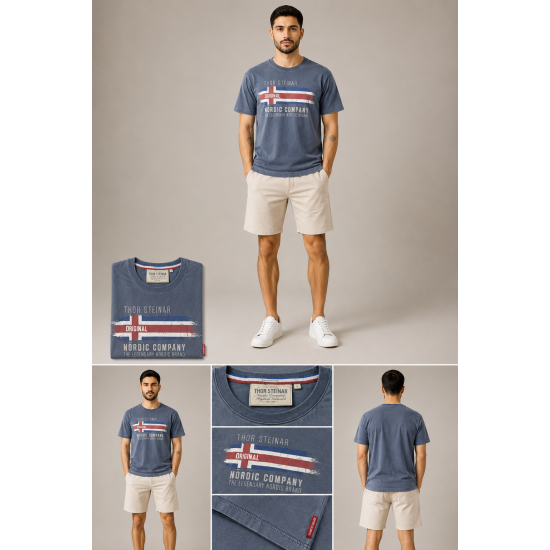 Thor Steinar Unisex Eskitme İndigo Nordic Company Baskılı Tişört Thor Steinar Unisex Eskitme İndigo Nordic Company Baskılı Tişört
