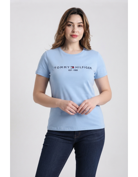 Tommy Hilfiger Est. 1985 Logolu Pamuklu Tişört - Açık Mavi